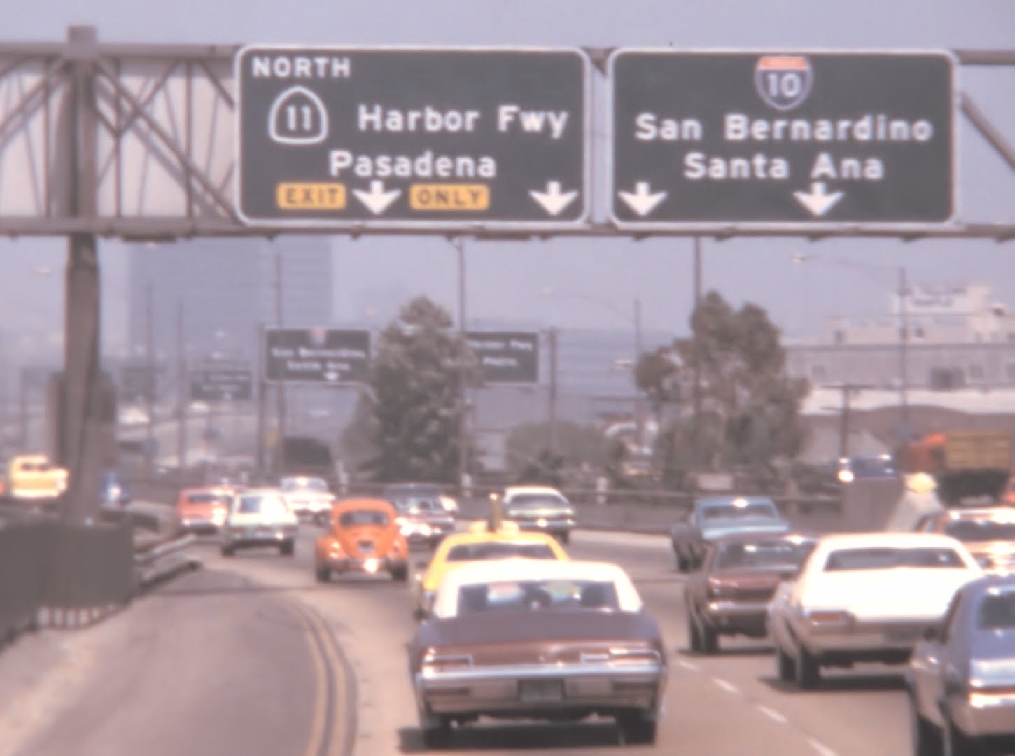 Archive footage of a highway in Los Angeles in the 1970s